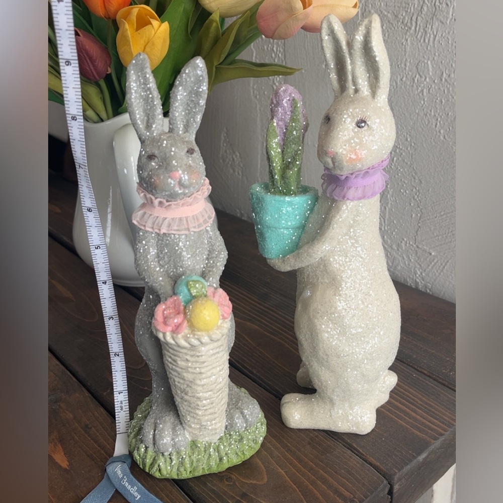 Glittery Bunny Figurines with Basket and Flowers